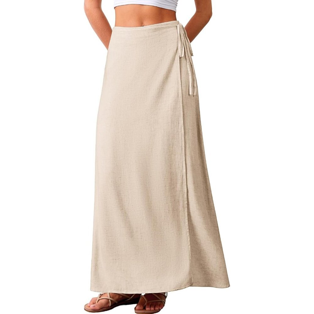 Women's Beige Linen Wrap Elastic Back Waistband Flowy A Line Casual Maxi Skirt